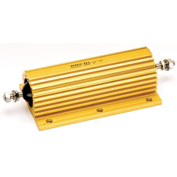 A yellow, cylindrical resistor with a heatsink and mounting holes, for use in electronic circuits.