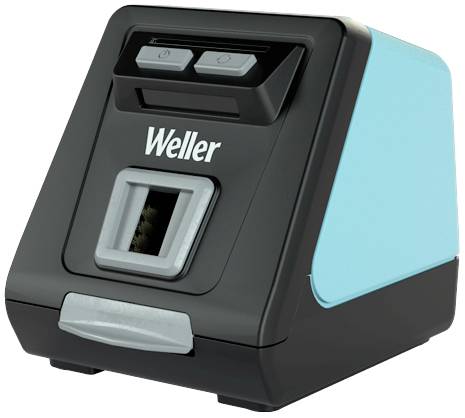 Black soldering iron cleaner with blue side and 'Weller' printed on the front. Two buttons on top, cleaning slots at the front.