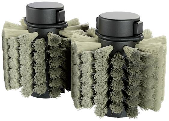 Two round brush heads with bristles in multiple rows, likely replacement parts for a cleaning device.