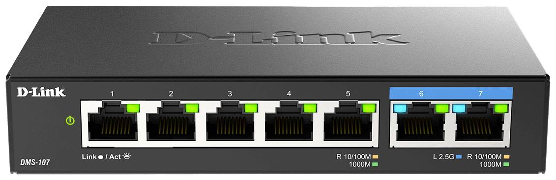 D-Link Network Switch with 7 Ethernet Ports: 5x RJ-45 Gigabit Ports, 2x RJ-45 Multi-Gigabit Ports; Model DMS-107.
