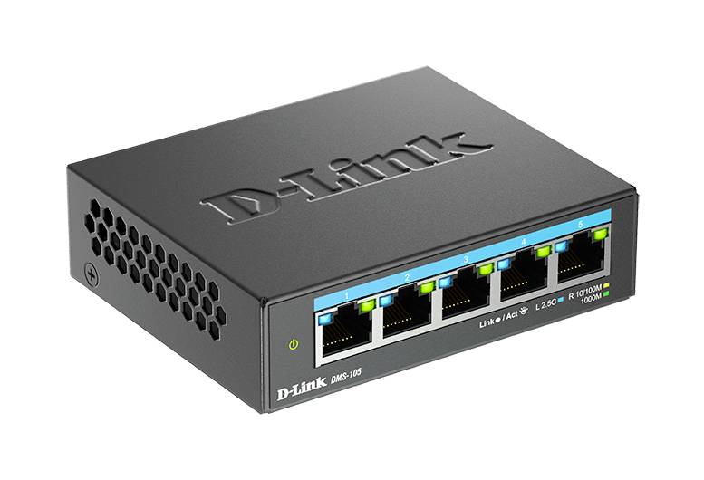 A black D-Link network switch with five Ethernet ports and LED indicators for connection and activity.