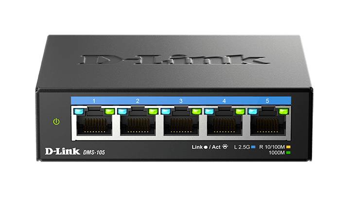 A black D-Link network switch with five Ethernet ports. LEDs indicate the status and speed of the connections.