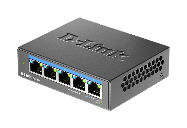 A black D-Link DGS-105 network switch with five Ethernet ports. On the front, the ports are numbered from 1 to 5.