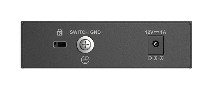 Rear of an electronic device with a switch, an earth screw, and a power supply connection with 12V-1A.