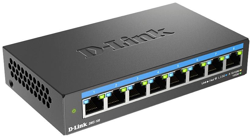A black D-Link network switch with eight Ethernet ports, featuring green illuminated LEDs, for connecting multiple devices in a network.