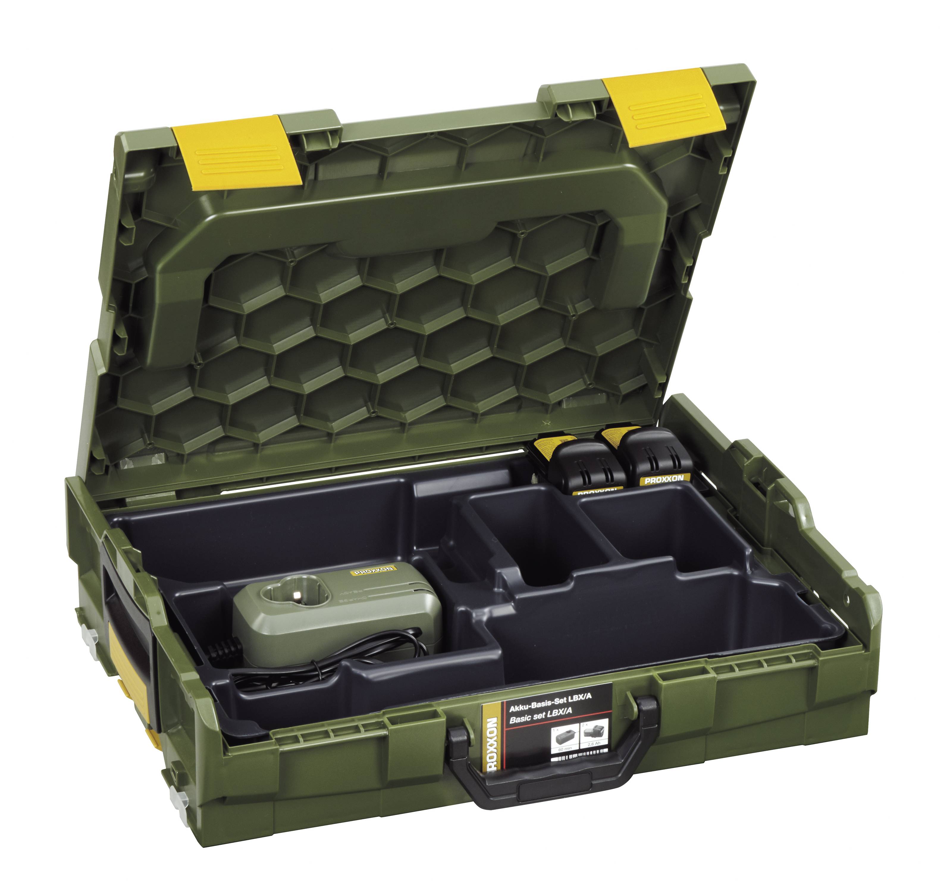 Open green tool case with multiple compartments. Contains a charger and two batteries.