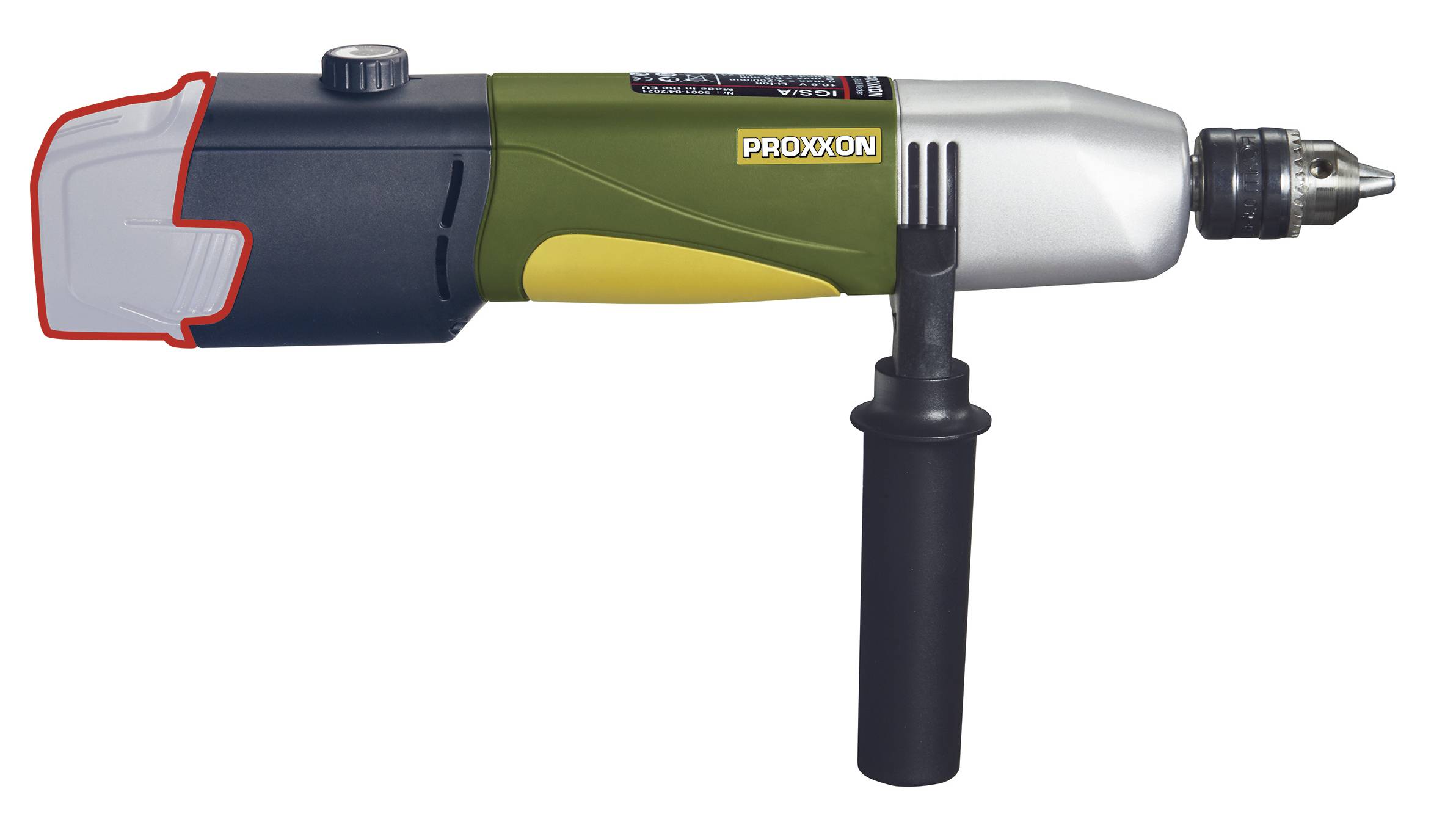 Cordless drill with a detachable handle, black chuck, and colour-coded control elements to enhance user-friendliness.