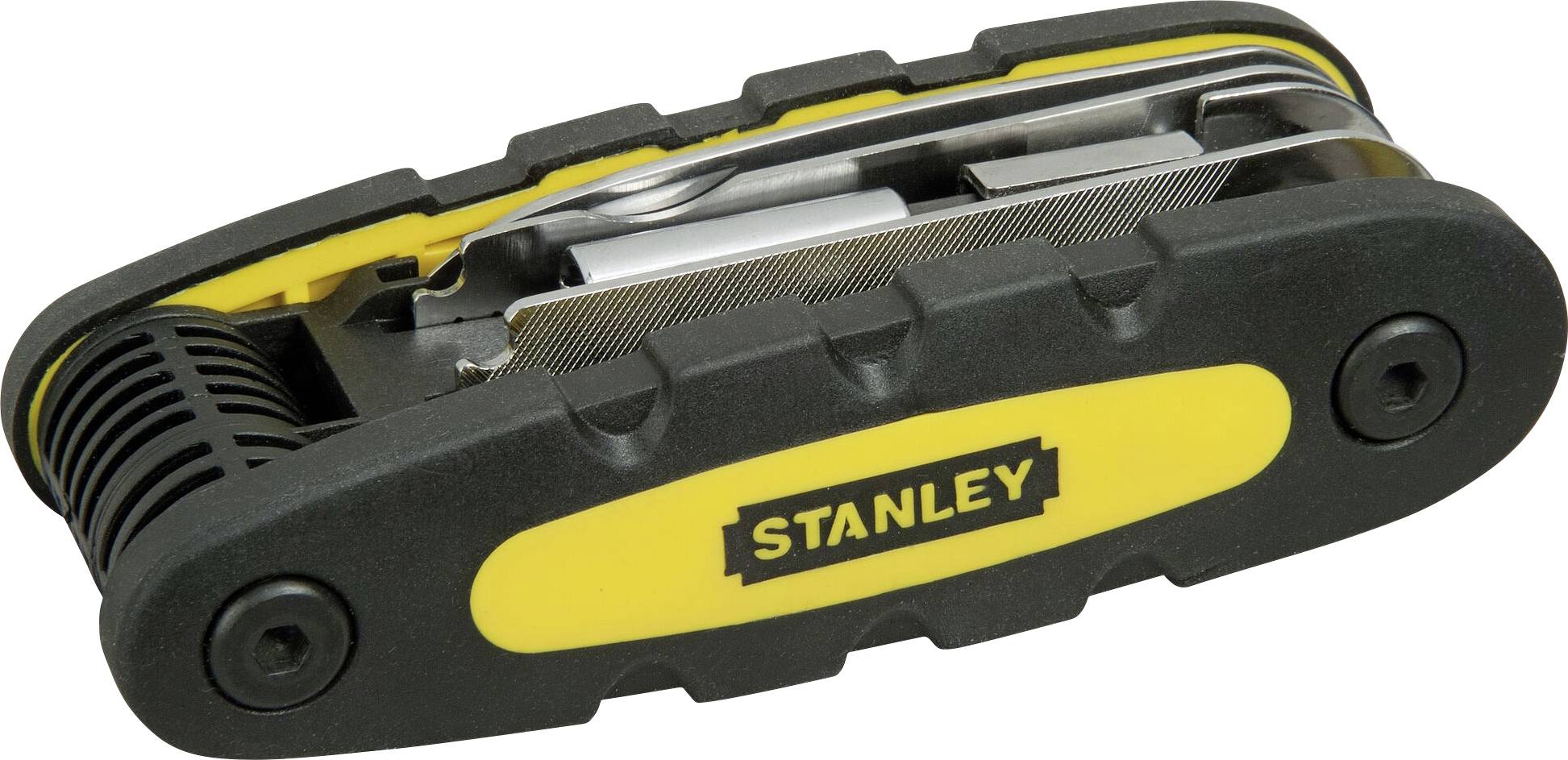 Multitool with black handle and yellow Stanley logo, various tools visible, compactly folded.