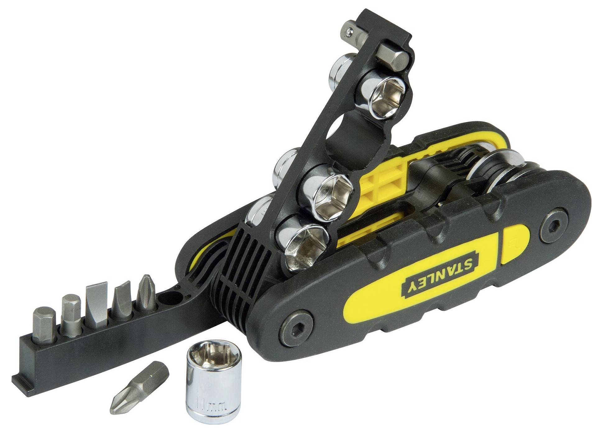 Multitool with various screwdrivers and bits, yellow and black design, compact and foldable. Includes Phillips, flathead, and hexagonal attachments.