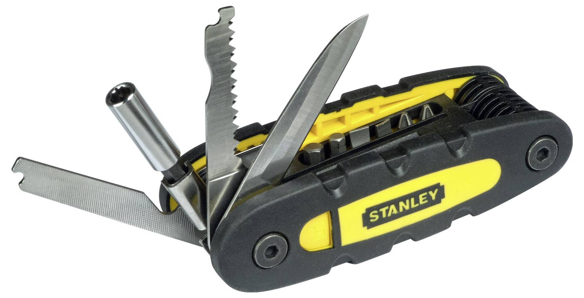 Multi-tool with several unfolded blades and tools, Stanley brand.