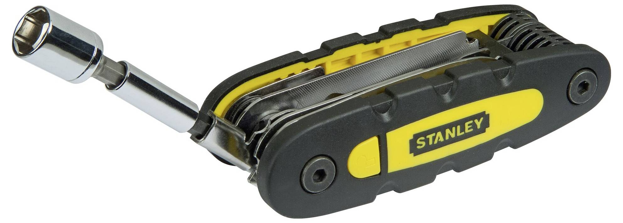 Compact multi-tool with various fold-out spanners and attachments, 'Stanley' brand name visible.