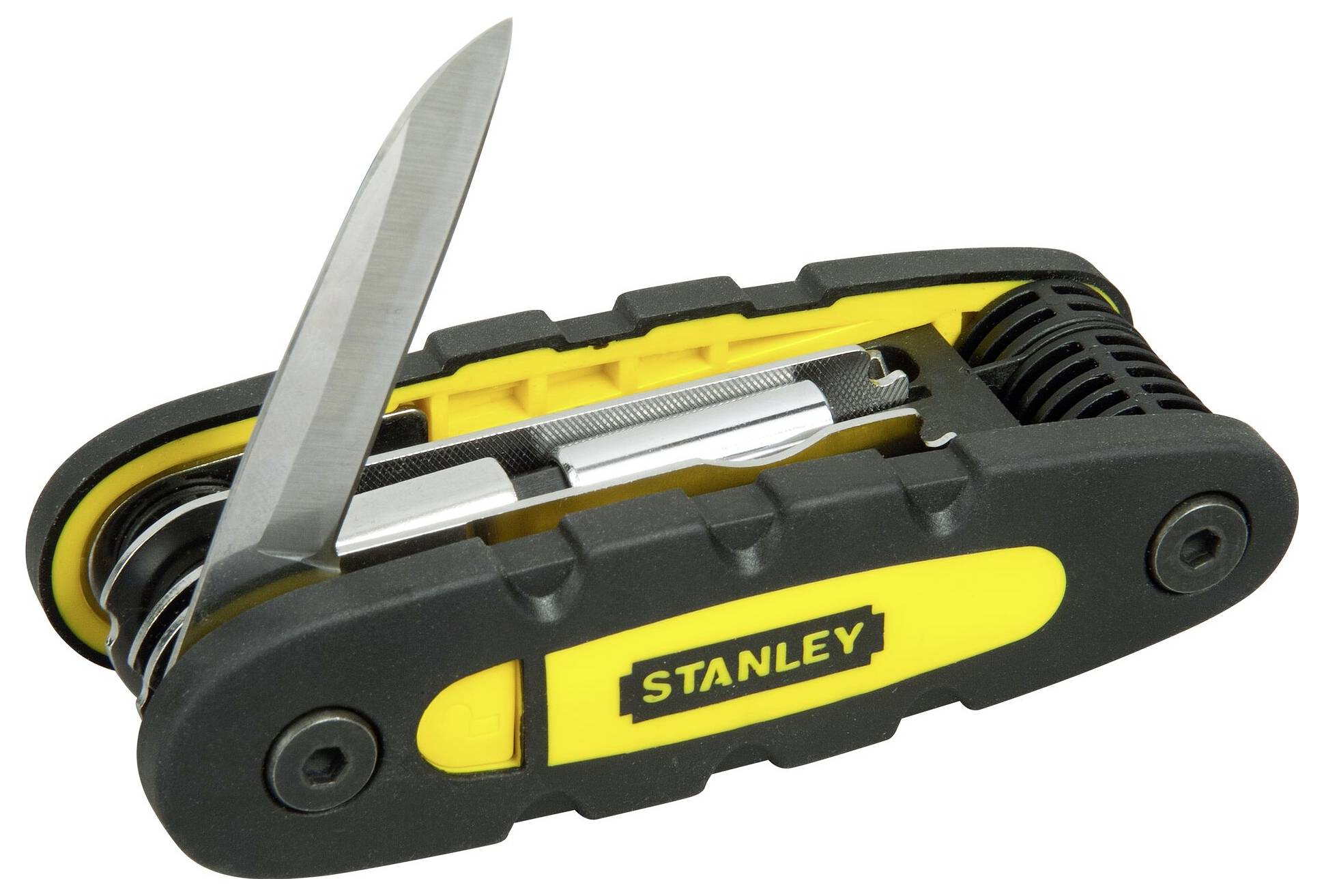 A multifunctional penknife with an extended blade. The handle is black and yellow with the 'Stanley' logo printed on it.