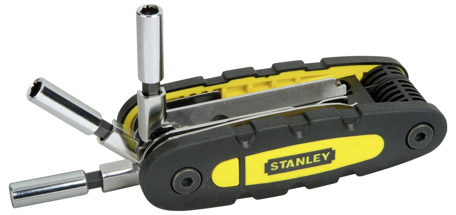 Compact multi-tool with a yellow and black handle, featuring three extended bits, suitable for various screw-related tasks.
