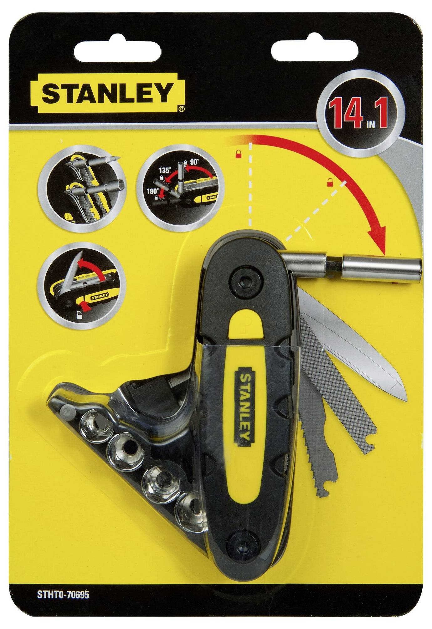 Stanley 14-in-1 Multi-tool in yellow packaging; includes various bits and blades; application examples shown in pictures.