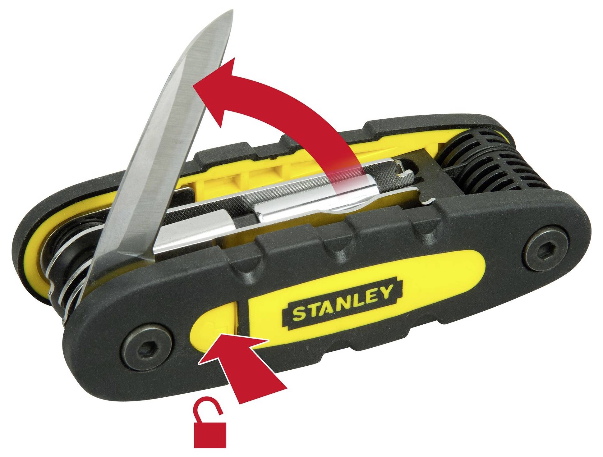 Multifunctional pocket tool with folding knife and 'Stanley' logo. An arrow indicates the knife movement.