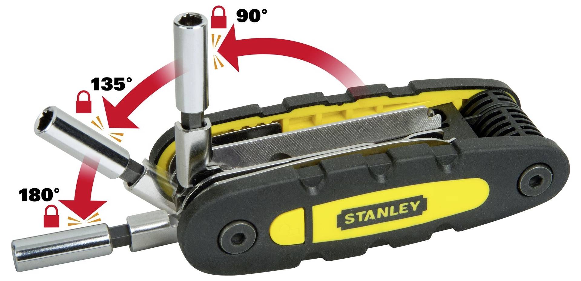 Foldable ratchet spanner set with 'Stanley' logo, featuring three locking positions at 90°, 135° and 180° for flexible working angles.