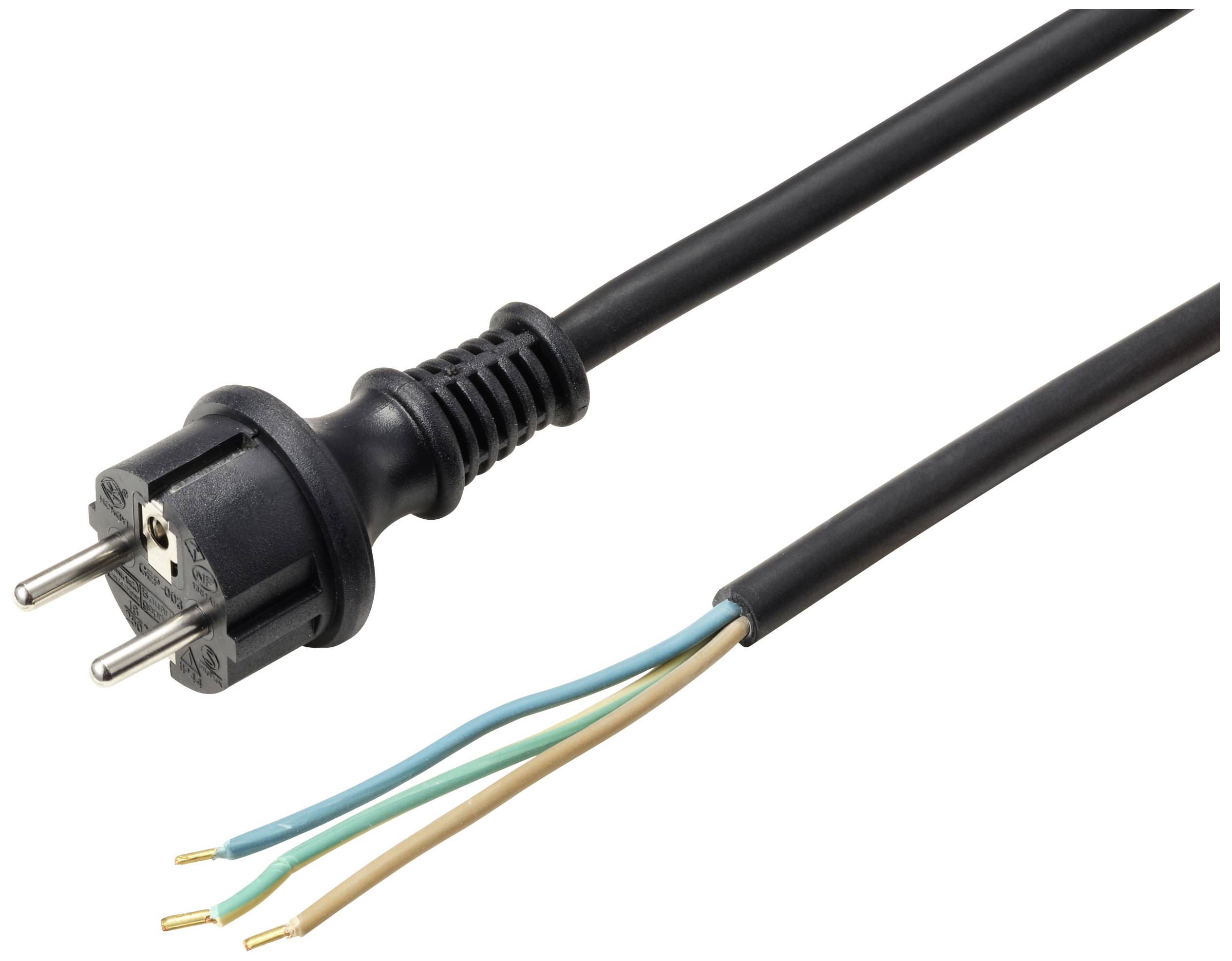 Black power cable with a plug on one side and three exposed wires (blue, brown, yellow-green) on the other side.