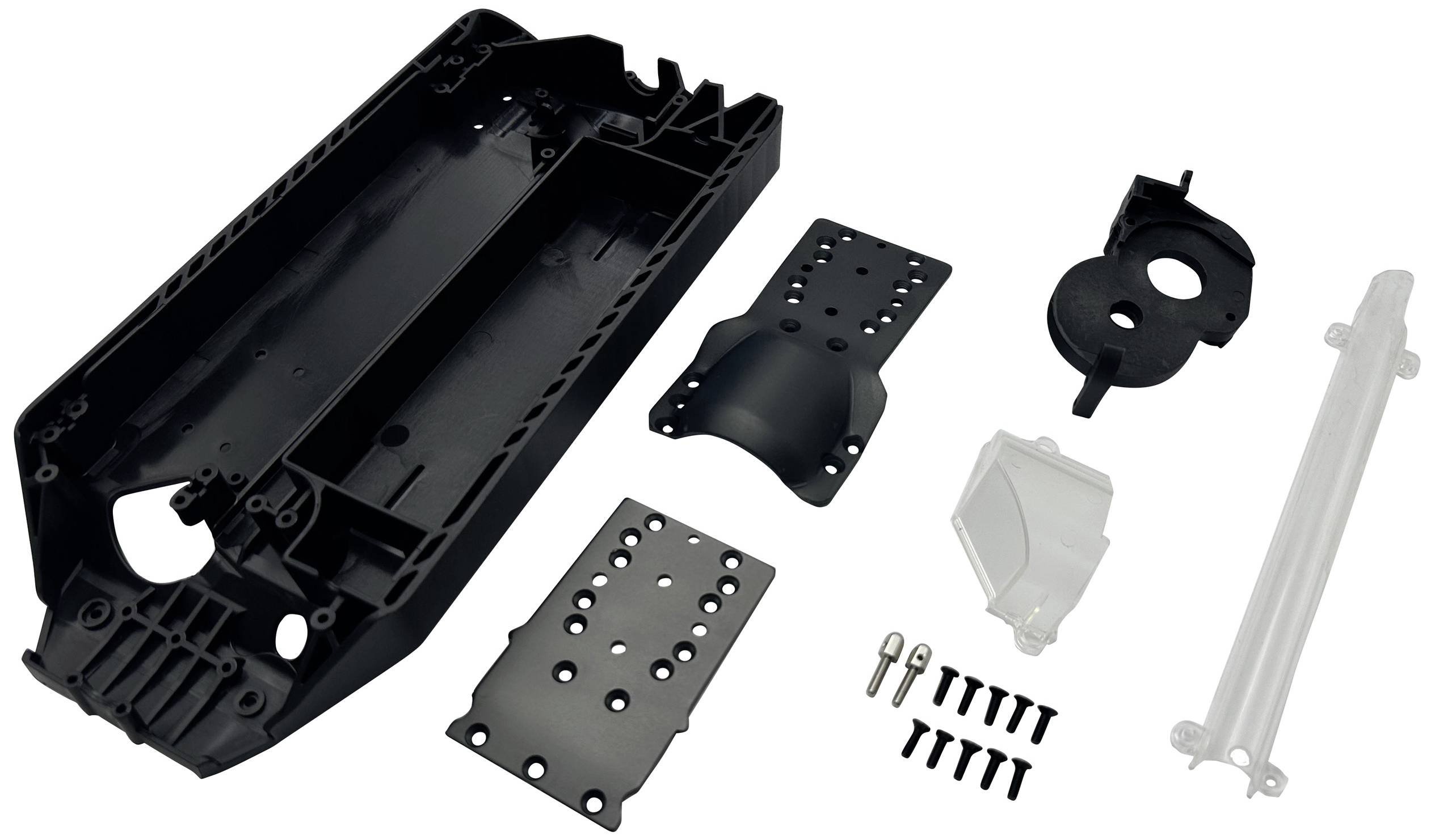 Black and white plastic components with screws, arranged for the assembly of a technical device, on a white background.