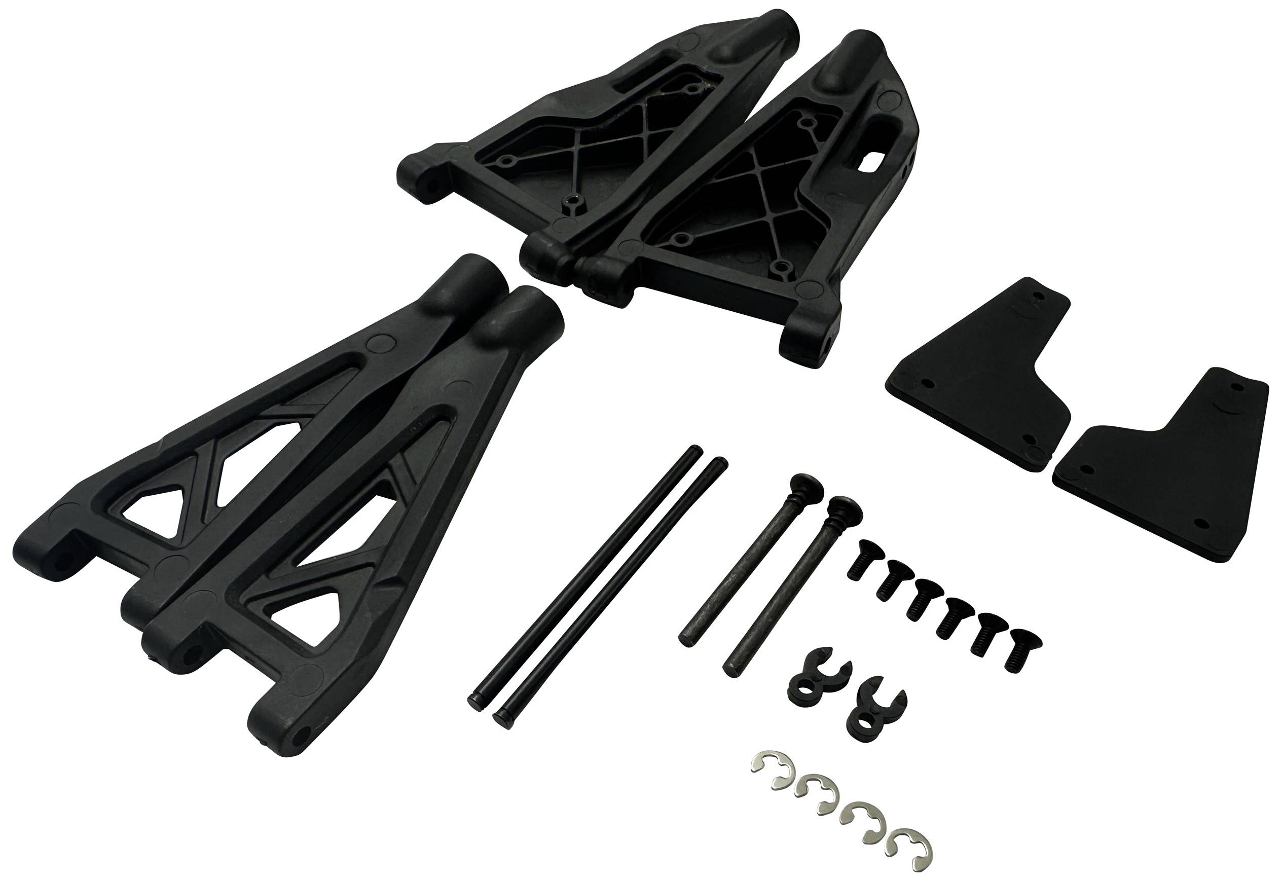 Vehicle spare parts: Two black wishbones, metal rods, bolts and small plastic components on a white background.