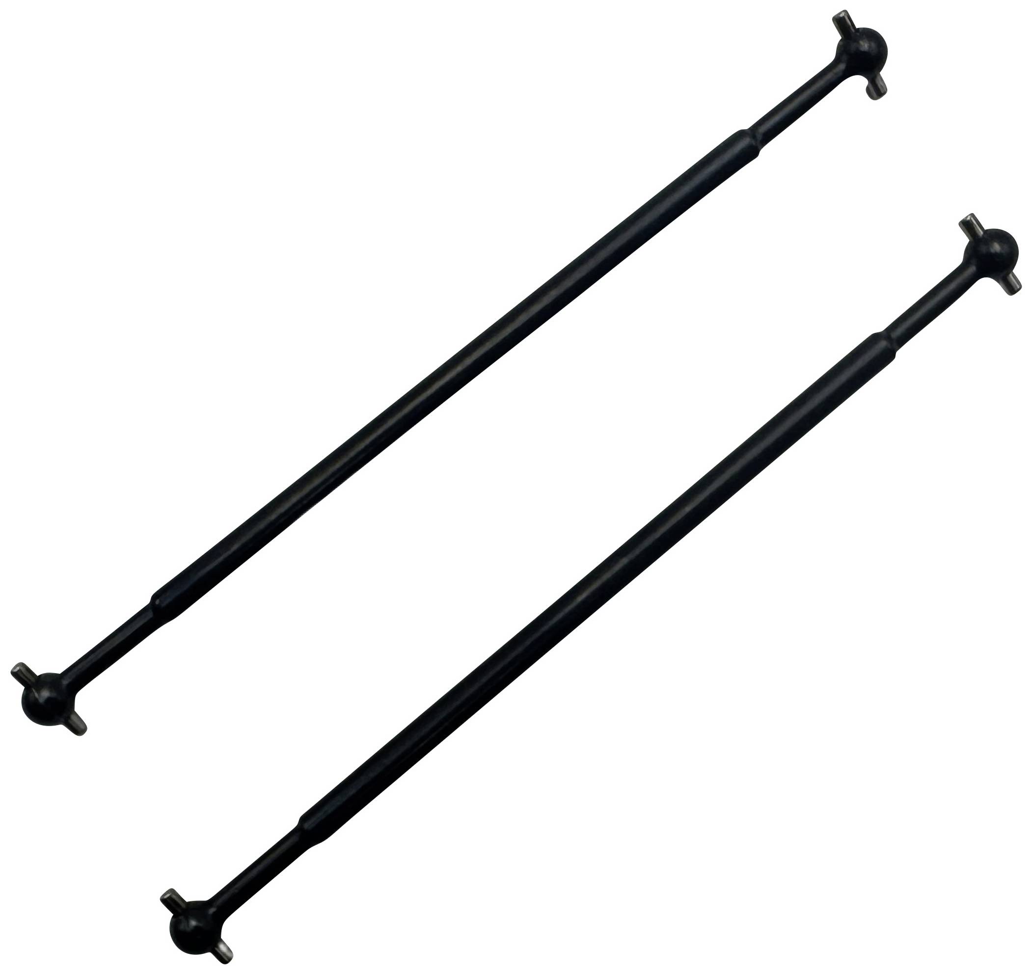 Two black metal bars with hinged ends, arranged horizontally side by side, against a white background.