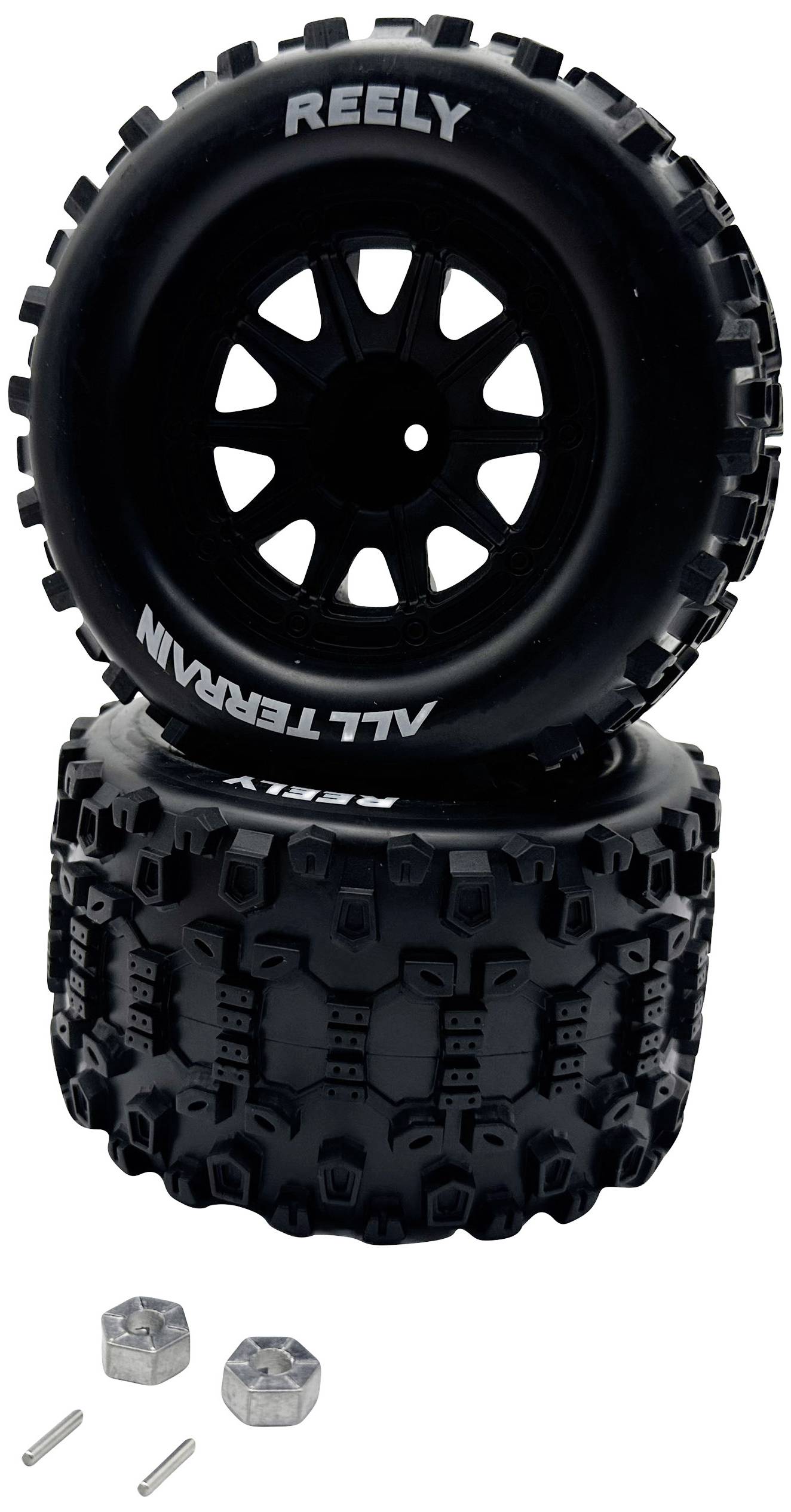 Two stacked black RC tyres with aggressive tread; beneath them two screws and mounting hardware.