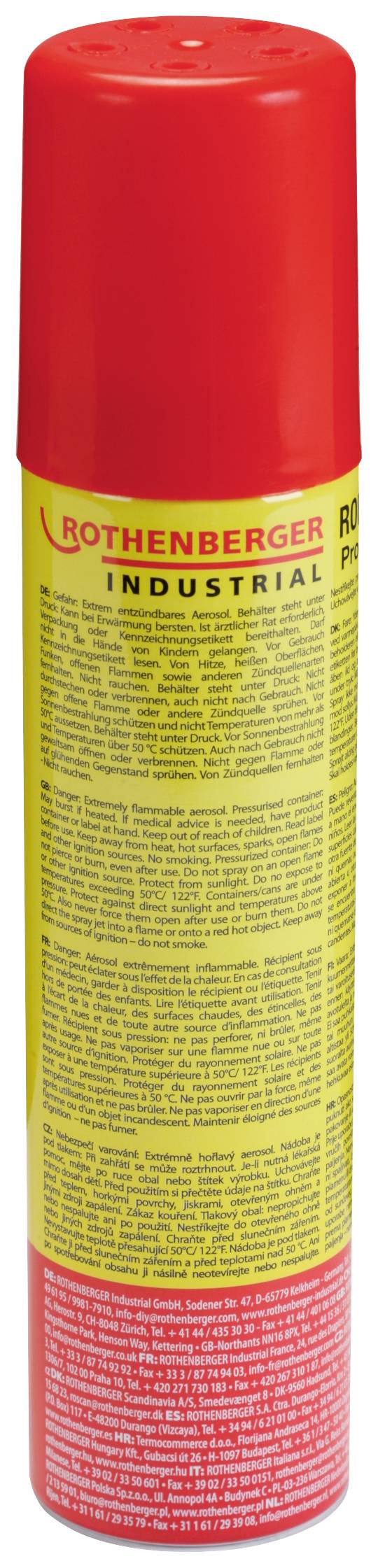 Red spray can from Rothenberger, industrially usable, with a yellow label containing detailed product information.