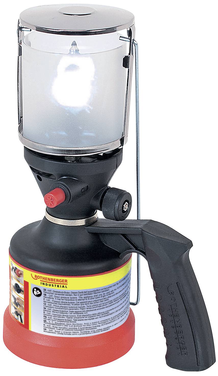 A portable gas lamp with a handle, just beneath an illuminated protective glass. Suitable for camping or outdoor lighting.