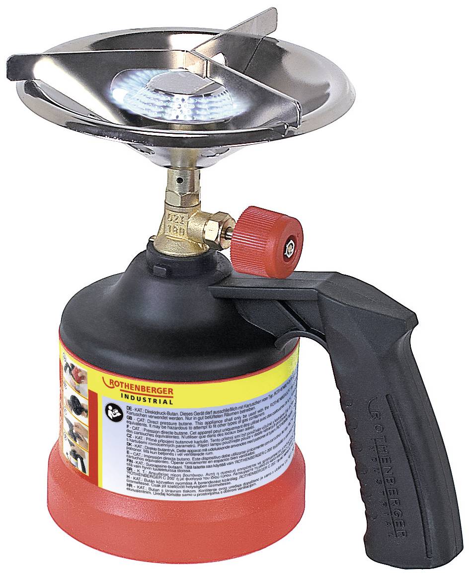 A gas burner with a red handle and blue flame, suitable for craftwork and camping.