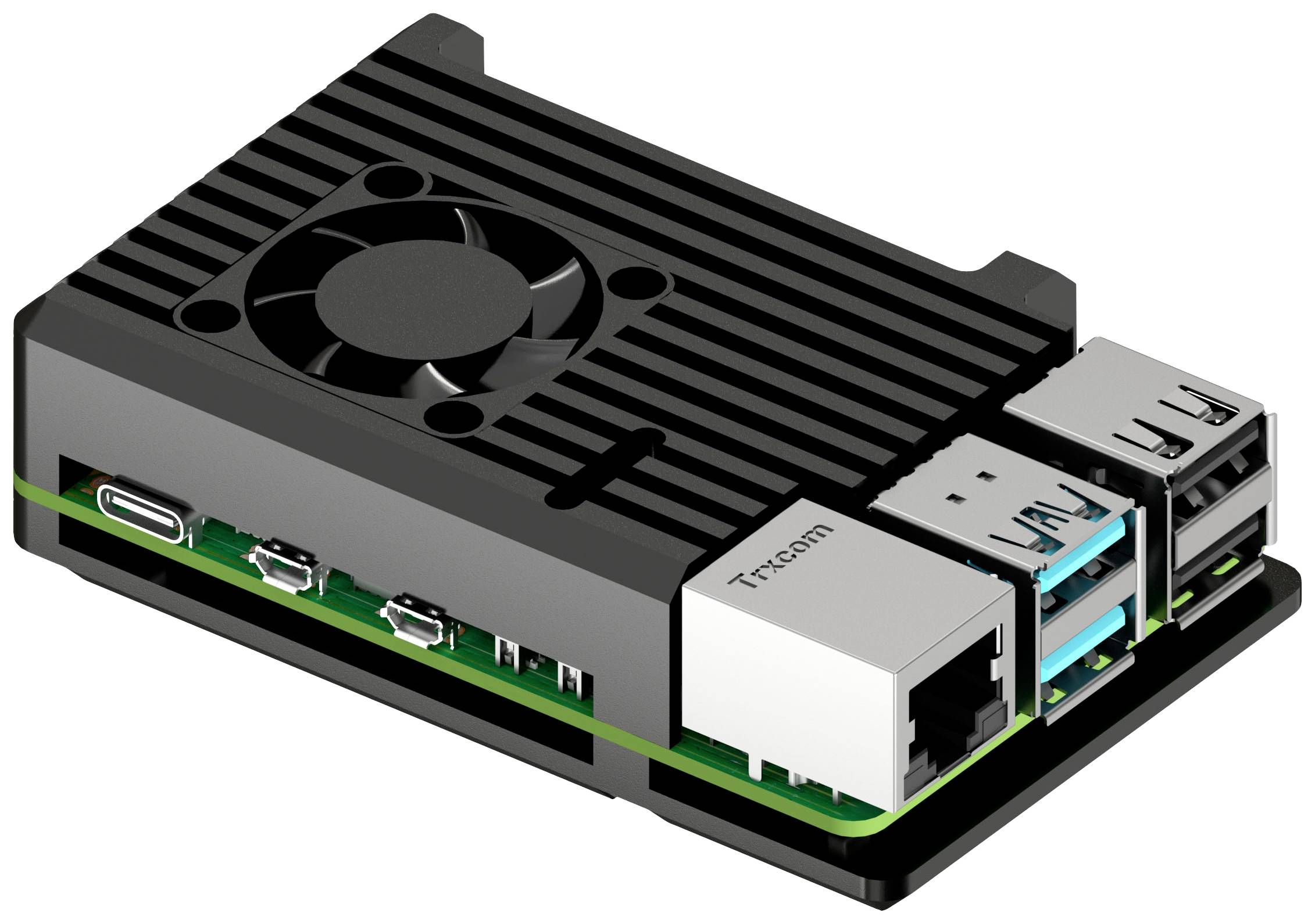 A small black computer with multiple USB ports, an Ethernet port, and an integrated fan on the top surface.