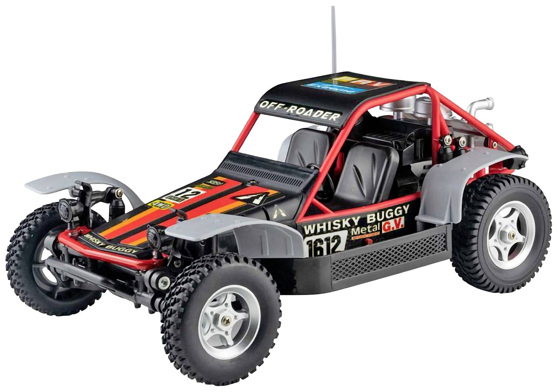 Toy off-road buggy with 'WHISKY BUGGY Metal G.V.' inscription, black and red paintwork, visible antenna and shock absorbers.