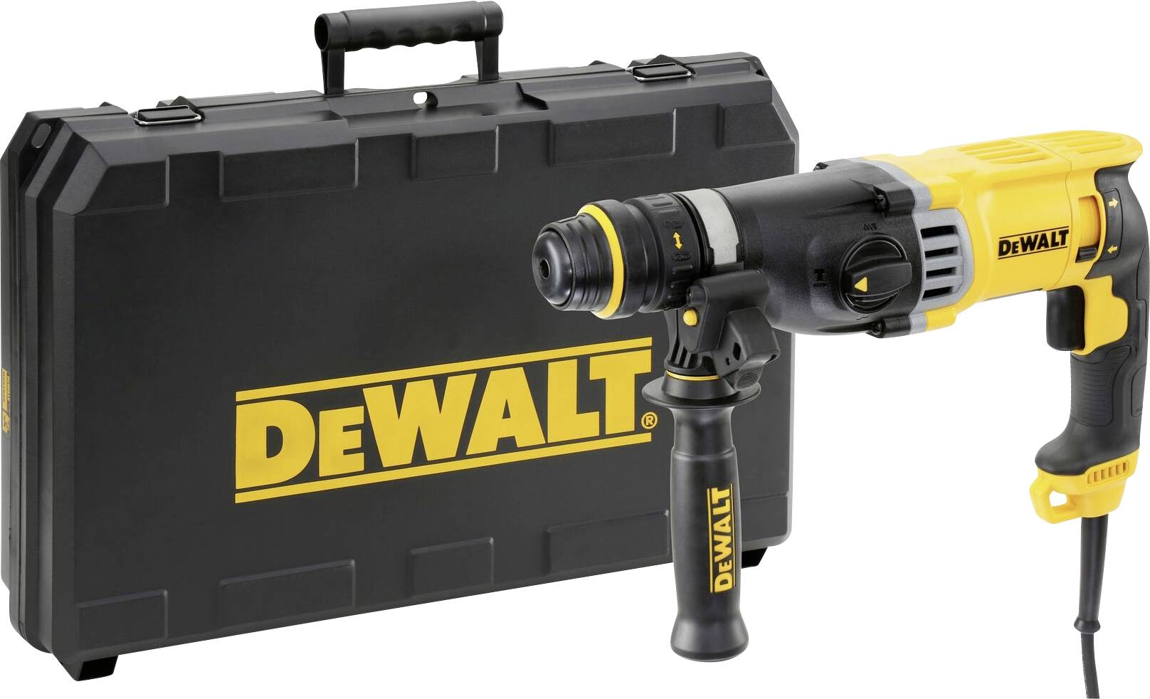 Black and yellow drill with 'DeWalt' logo, alongside a matching black case with the same logo.