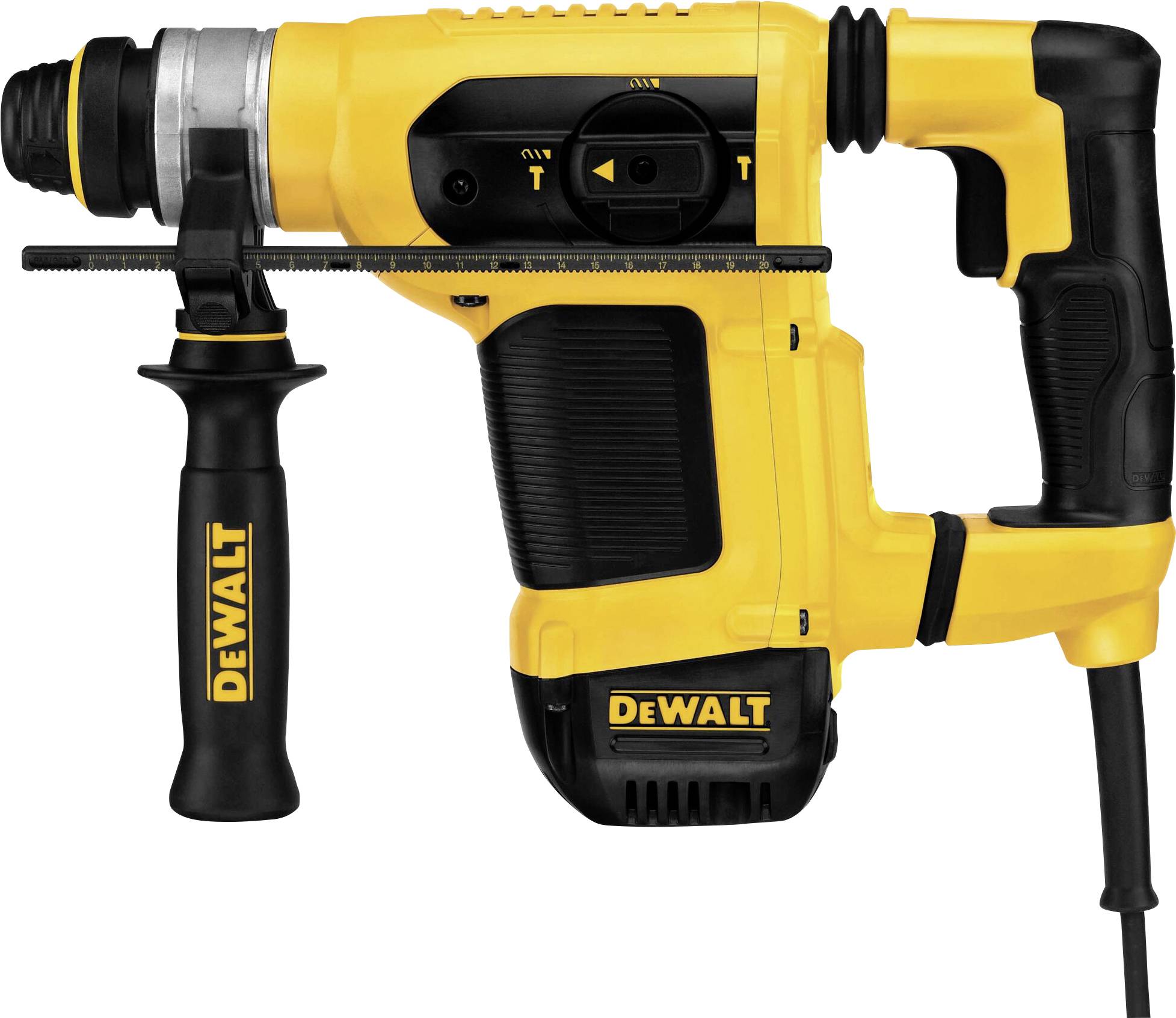 Yellow drill hammer with black handle and cable by Dewalt, suitable for heavy-duty drilling work.