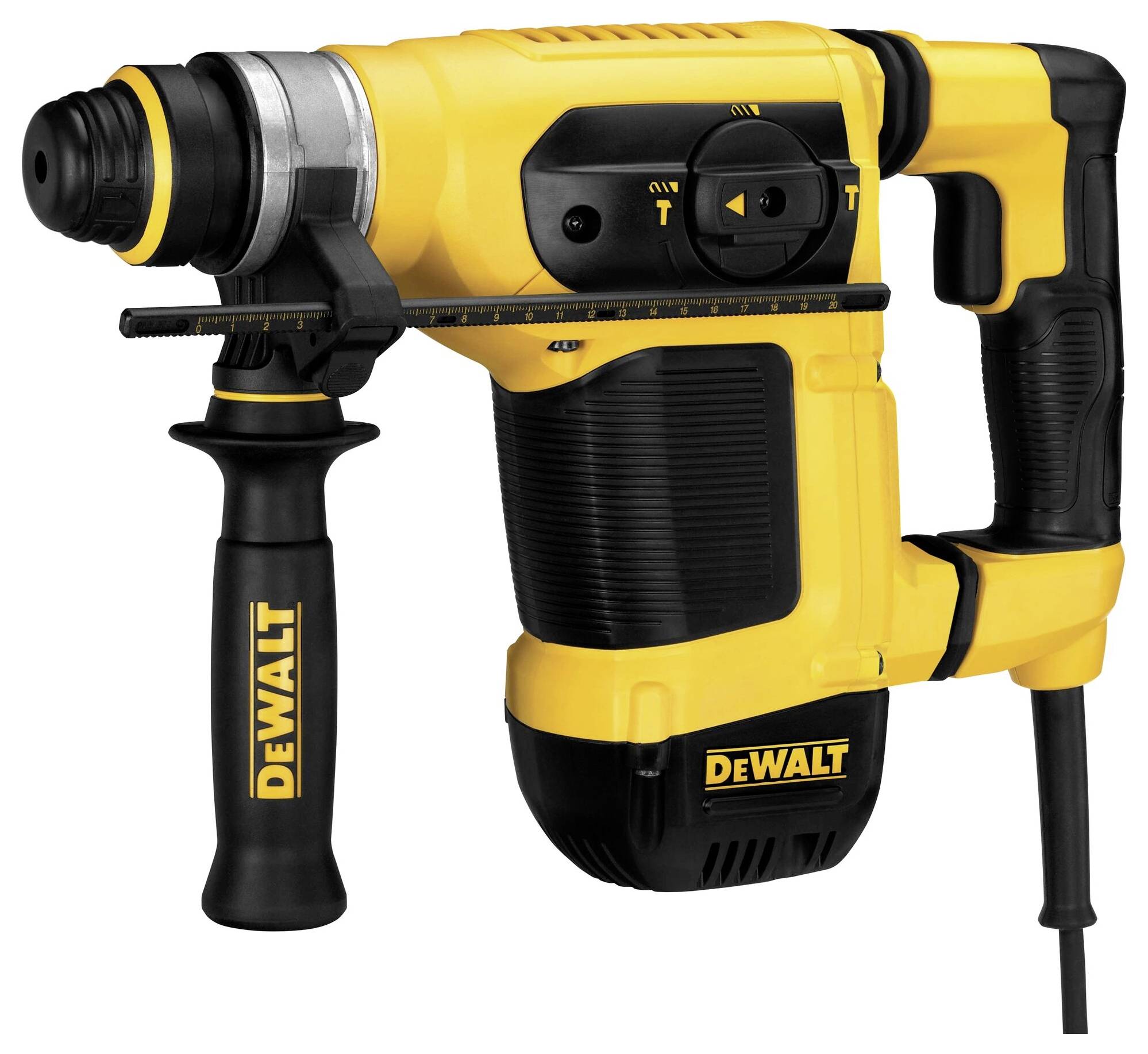 Yellow drill hammer with black handle and control switch, 'DeWALT' brand marking. Ideal for construction and renovation work.