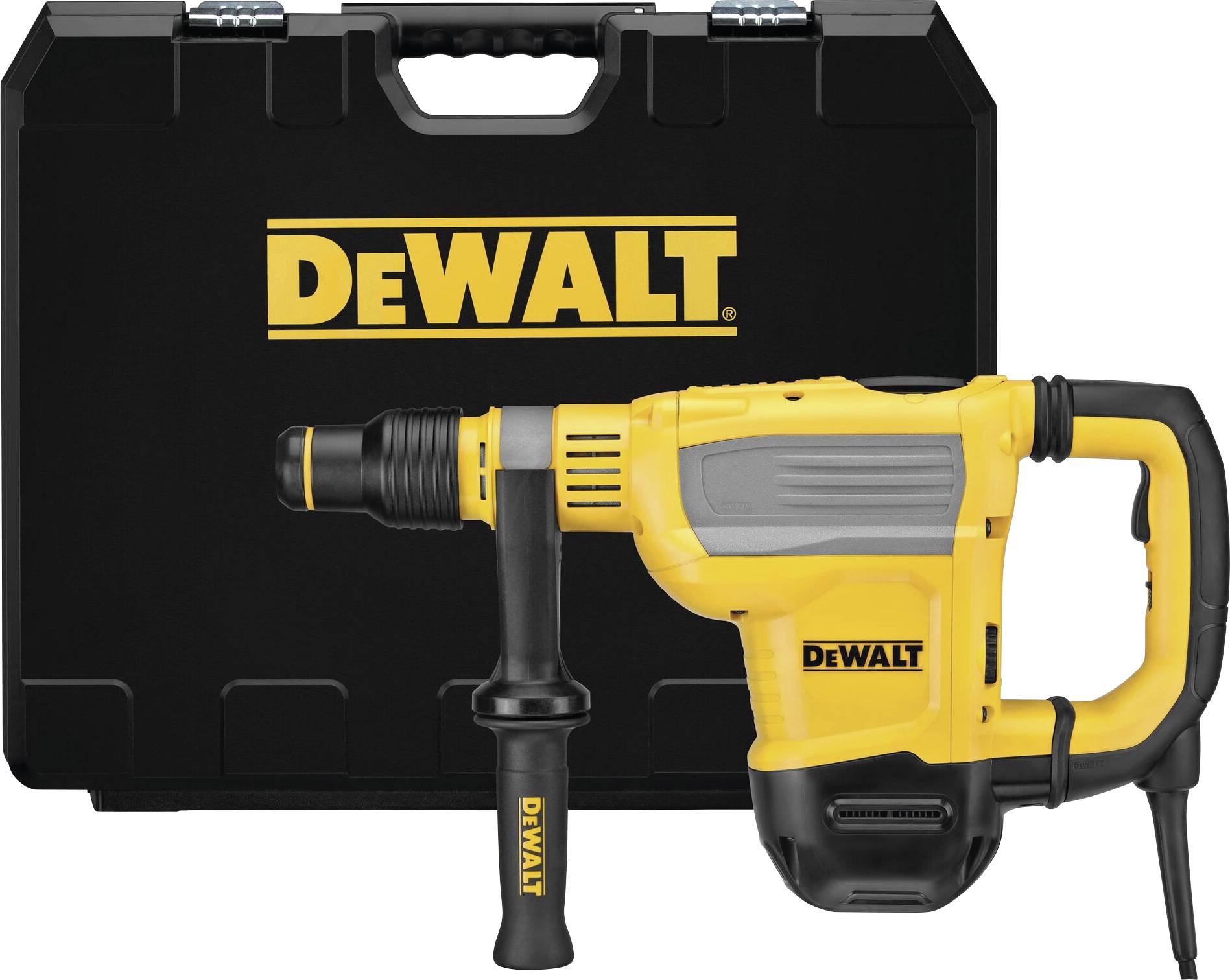 Yellow DeWalt demolition hammer placed in front of a black tool case with the DeWalt logo, suitable for heavy-duty construction work.