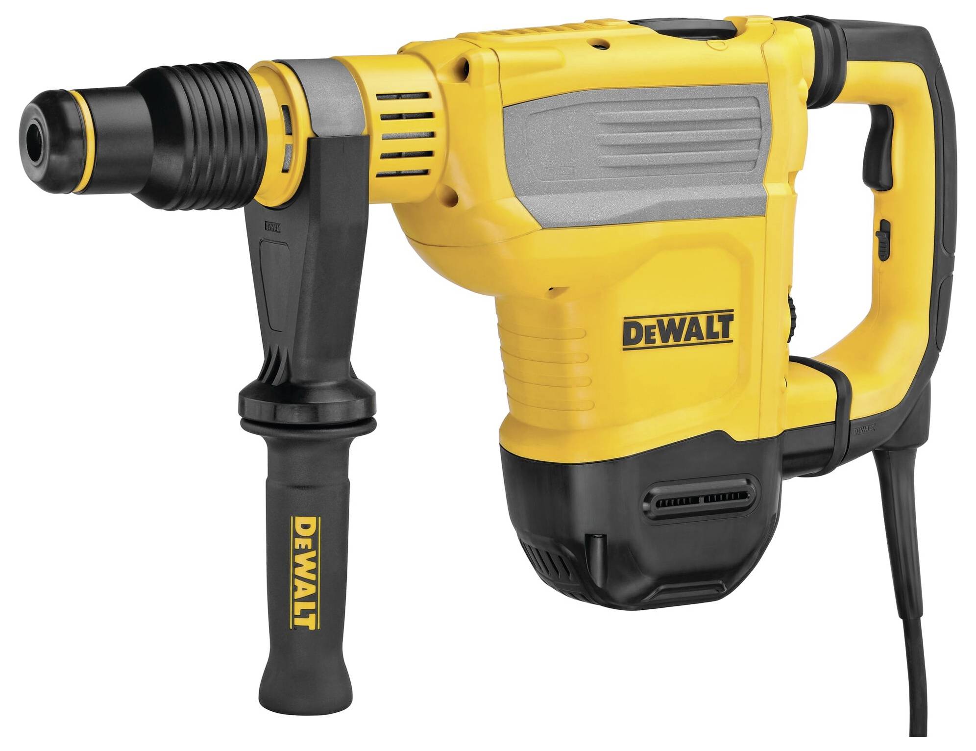 A yellow, corded drill hammer with 'DeWalt' printed on the casing, featuring a side handle and a black drill bit.