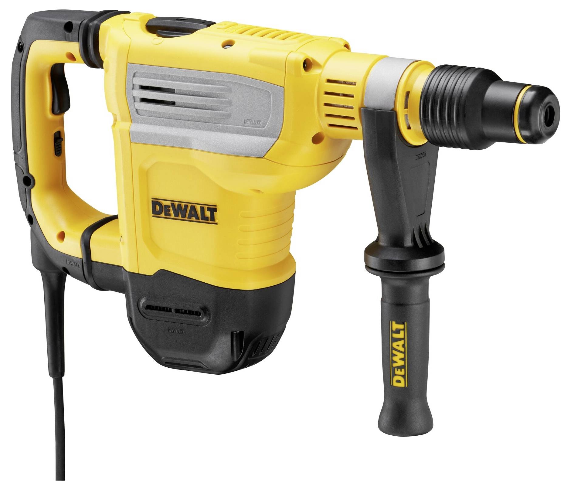 Yellow and black DeWalt hammer drill, shown from the side, with an ergonomic handle and cable, suitable for heavy-duty construction work.