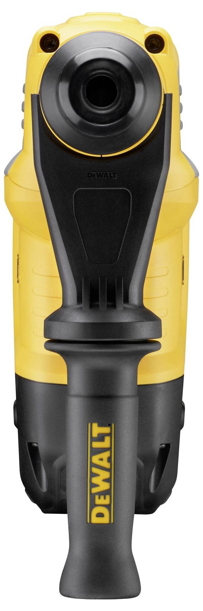 Yellow and black rotary hammer with ergonomic handle, suitable for heavy construction work.