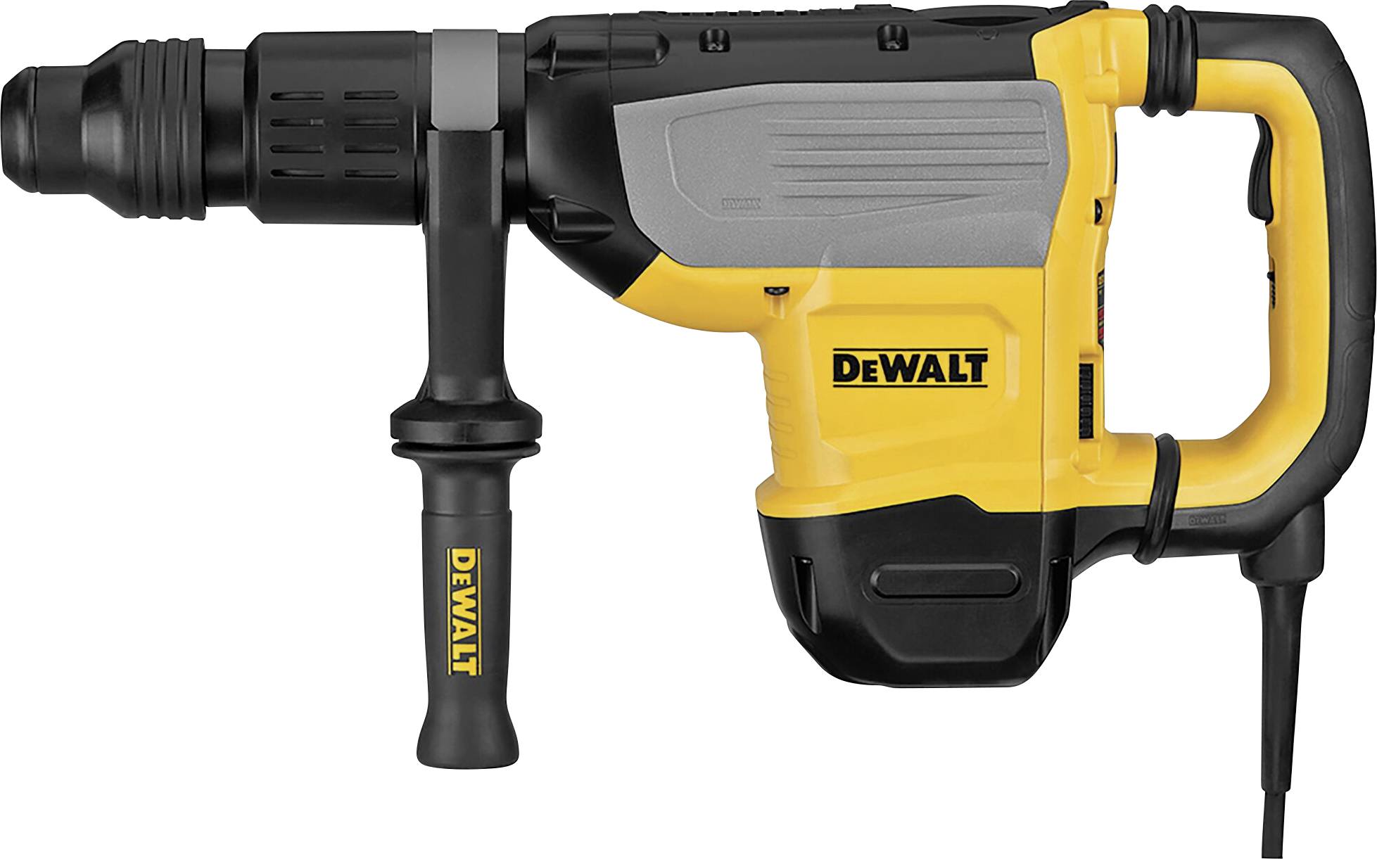 A yellow and black drill hammer with a handle on the left and 'DEWALT' company logo on the side, suitable for heavy construction work.