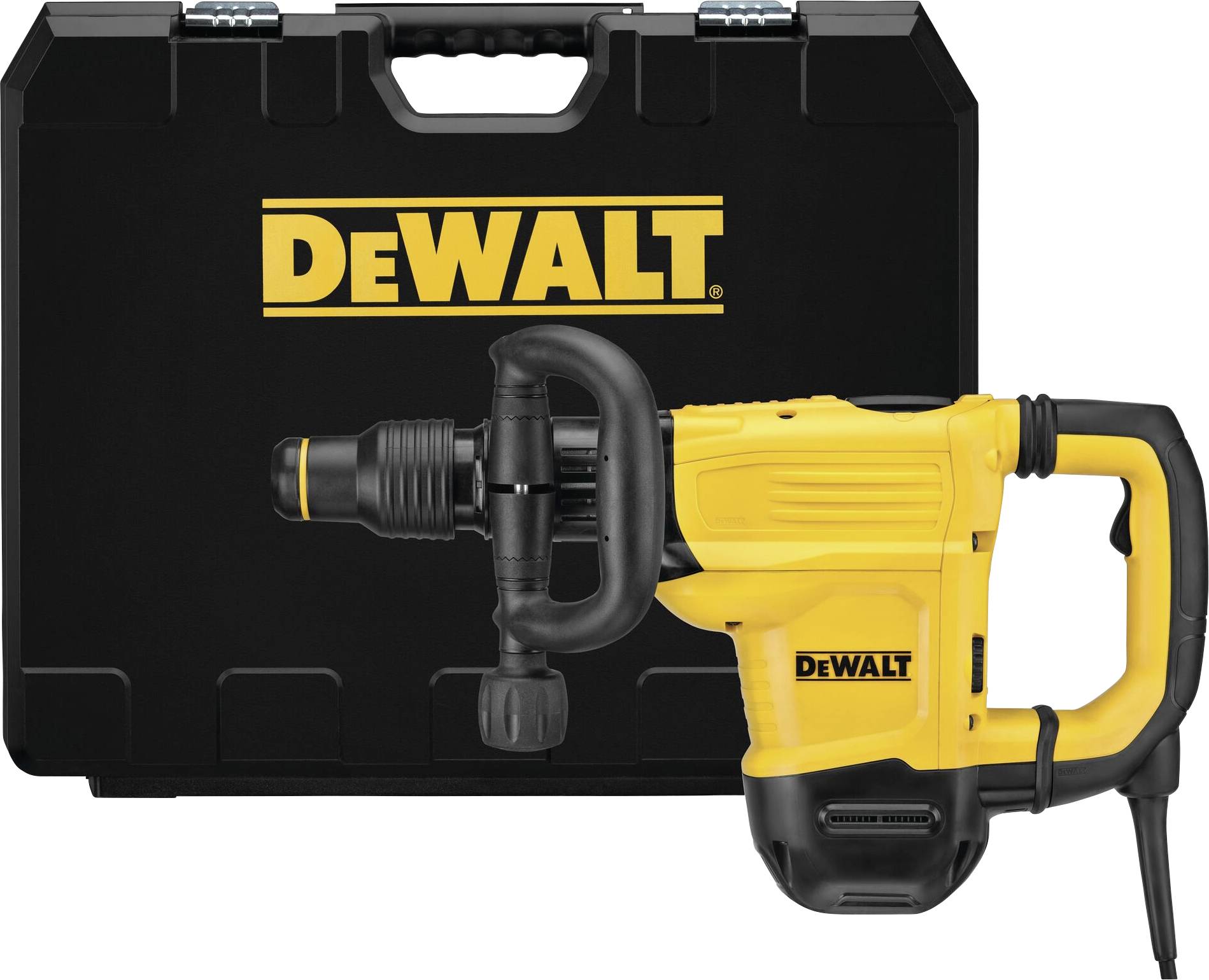 A yellow DeWalt hammer drill in front of a black tool case with the DeWalt logo. Ideal for heavy-duty drilling work.
