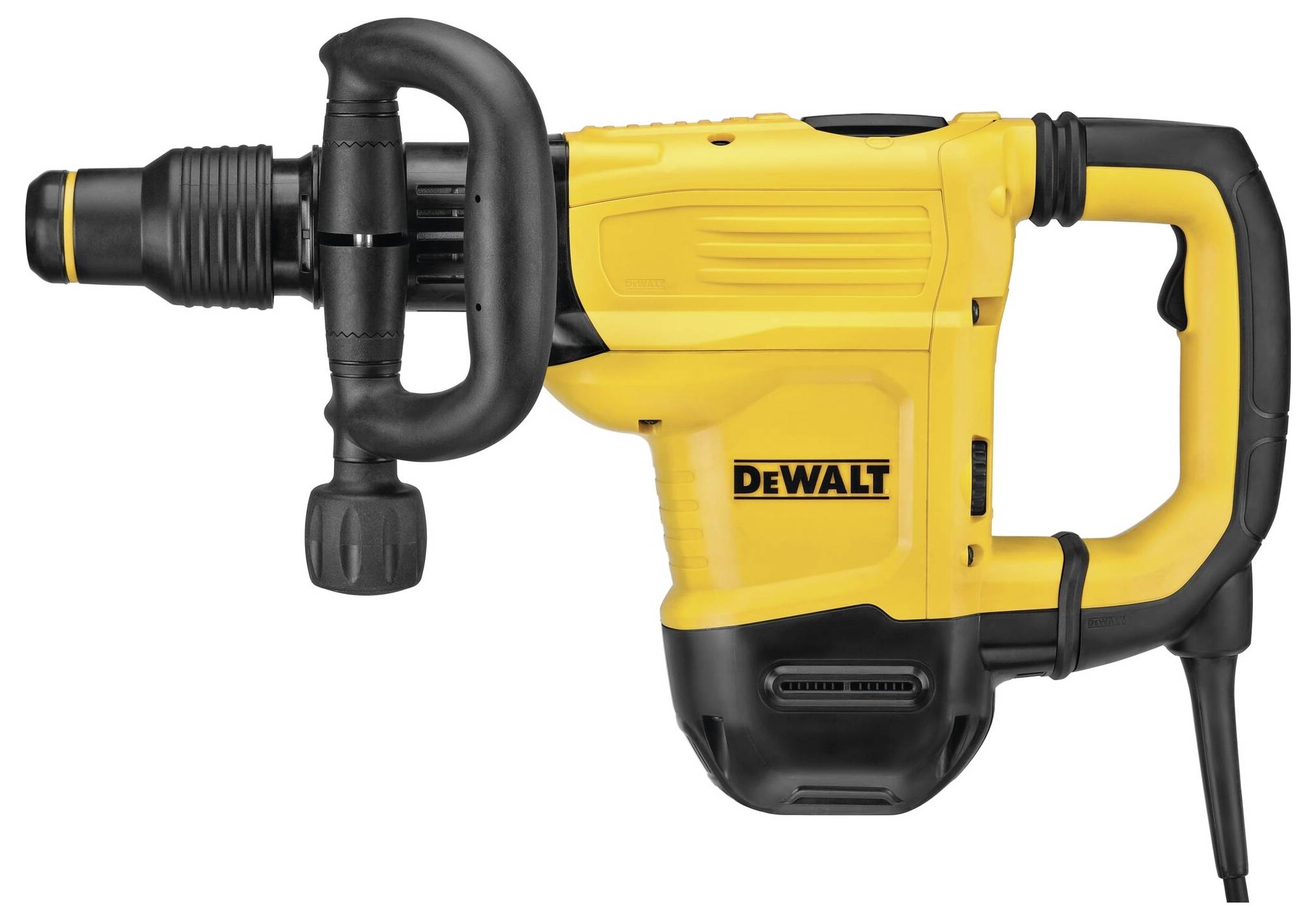 Yellow DeWALT demolition hammer with black handle and housing components. Tool for heavy construction and demolition work.