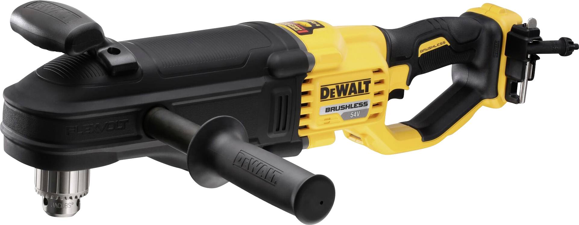 Yellow and black electric power tool, with a long handle and chuck. Marked 'DEWALT'. A tool for professional drilling.