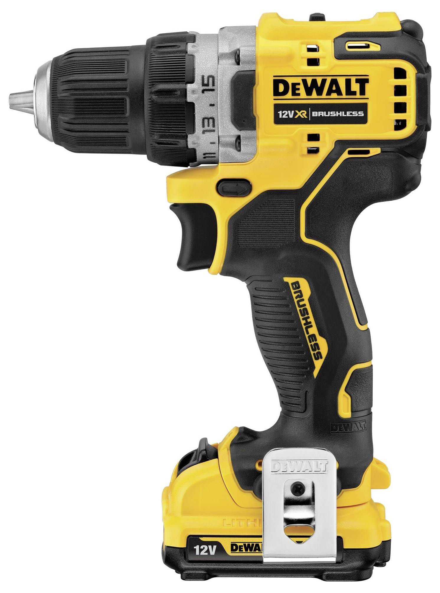 A yellow and black cordless drill driver with an ergonomic handle, showing branding and model information on the side.