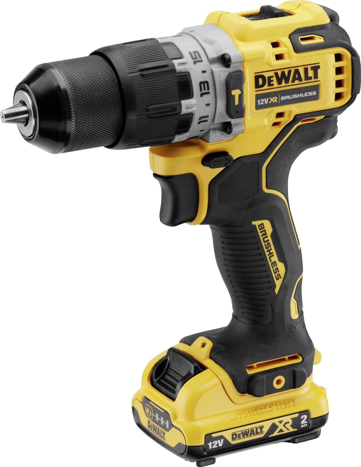 A yellow cordless drill with a black handle and 'DeWalt' logo, suitable for drilling and screwing in various materials.