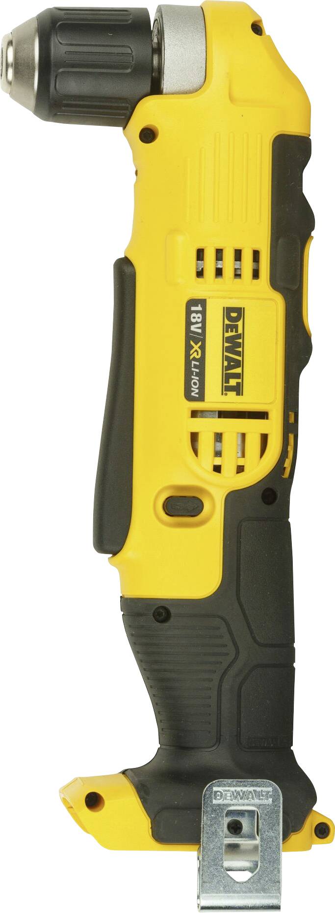 Yellow, cordless angle grinder with black handle and grey chuck; brand logo visible on the side.
