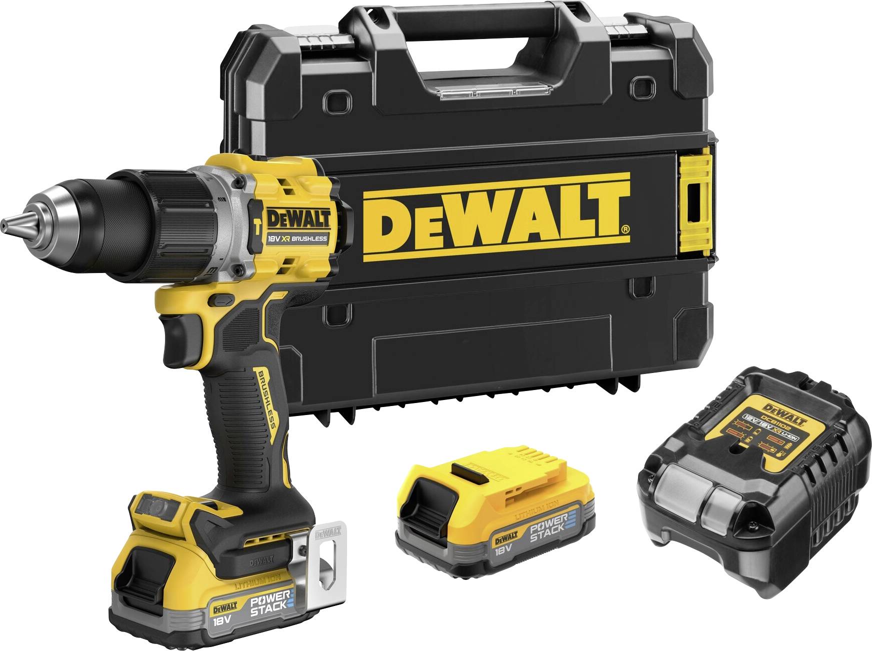 A yellow cordless drill with accessories and a black carry case. The brand name 'DEWALT' visible on the case and device.