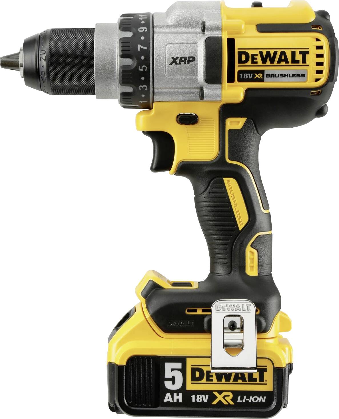 DeWalt XR 18V cordless drill, yellow and black, with ergonomic handle and variable speed control switch, side view.