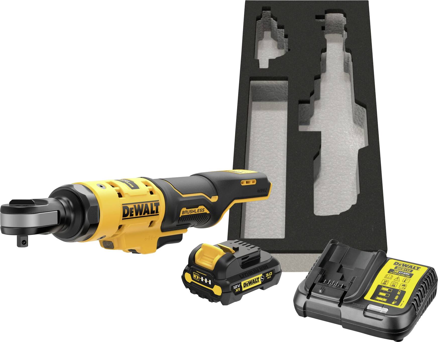 Cordless drill set with yellow and black ratchet tool, battery, charger, and matching plastic carry case. Perfect for DIY projects.