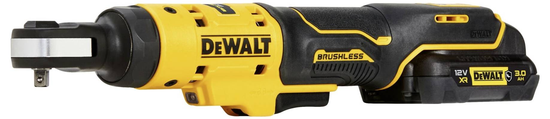 DeWALT cordless ratchet screwdriver, black and yellow, with brushless motor and 12V XR 3.0 Ah battery.