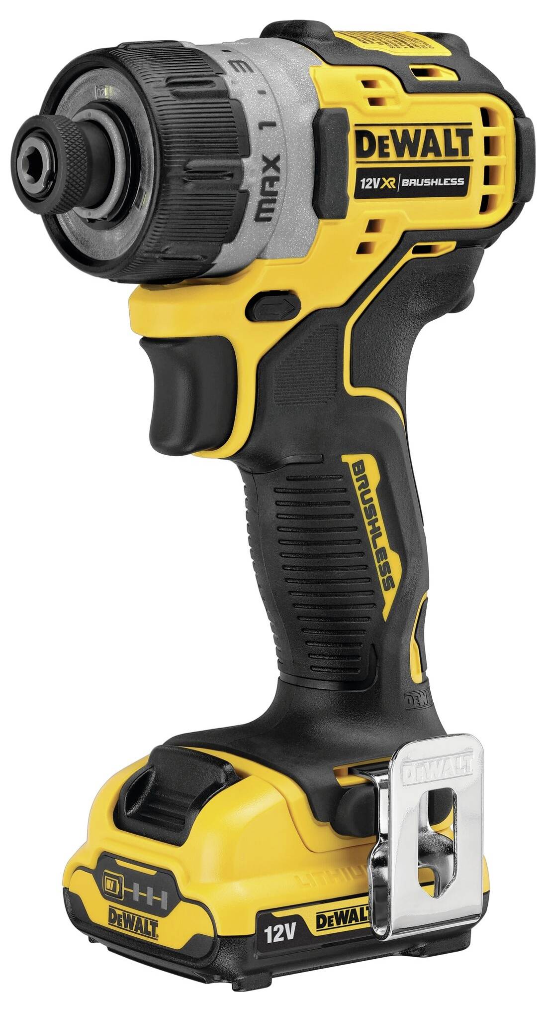A yellow and black cordless impact driver with a metal clip on the underside, brand and model number are visible.