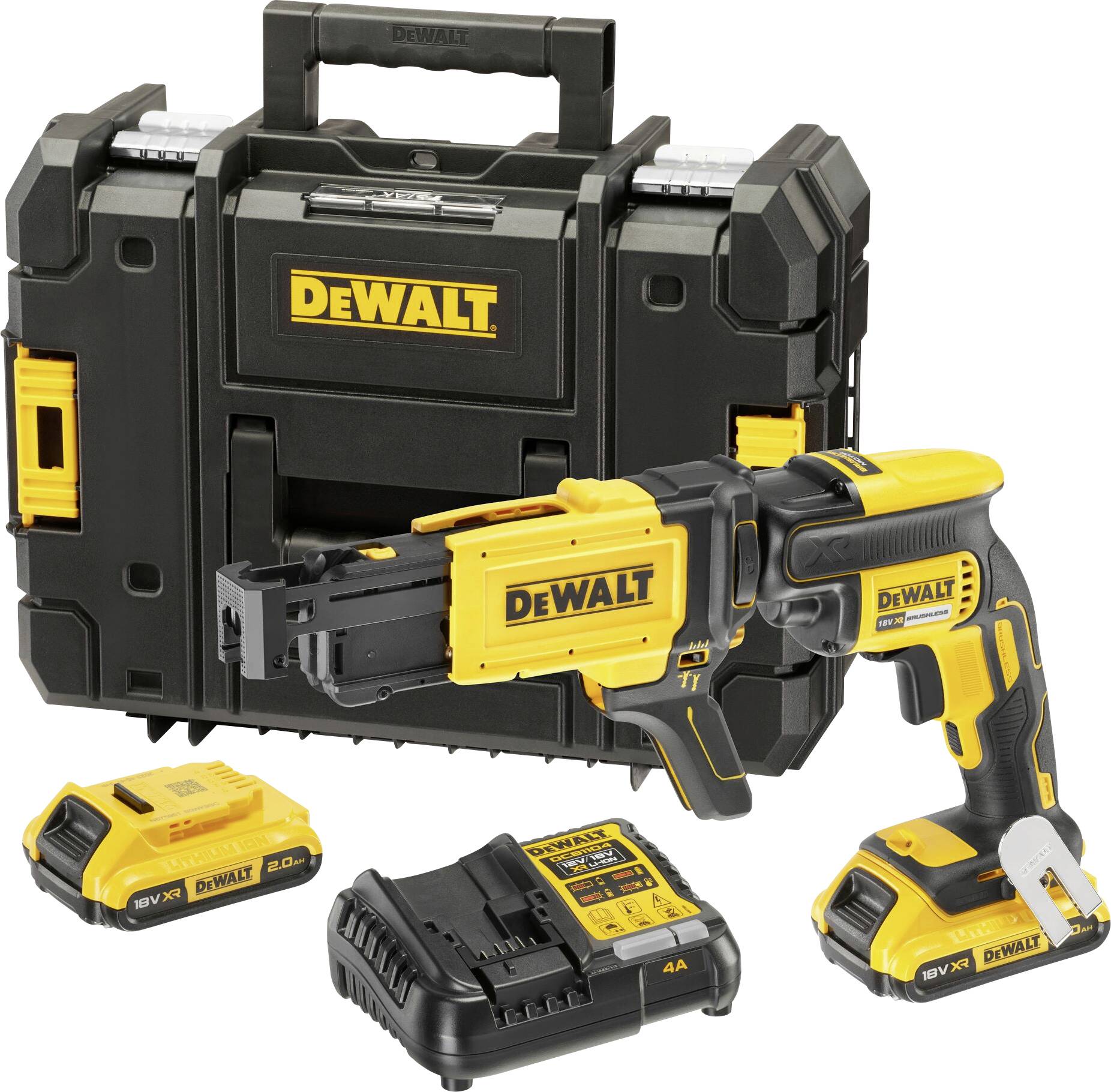 A hand tool set featuring a yellow and black cordless screwdriver, charger, and spare battery in front of a transport case.